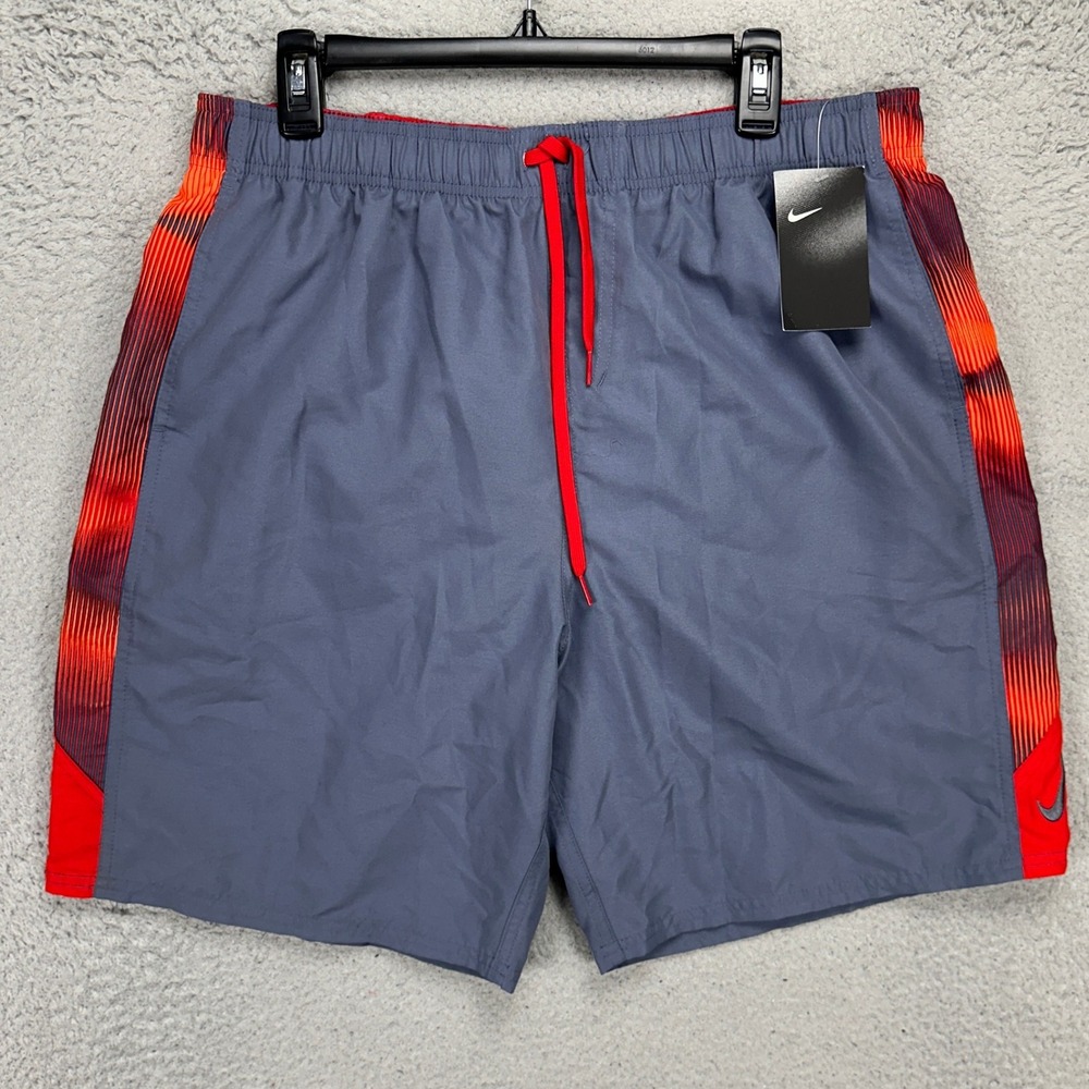 Nike‎ Adult Mens Swim Trunks XL Grey Red Mesh Lined Drawstring Board Shorts NEW
